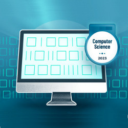 display with circle ribbon stating 'Computer Science 2023', illustration