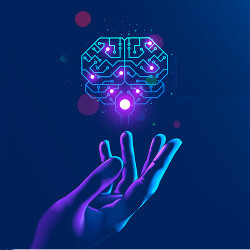 neural network symbol hangs over a hand, illustration