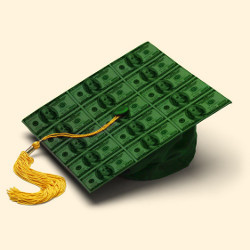 graduation cap covered with dollar bills