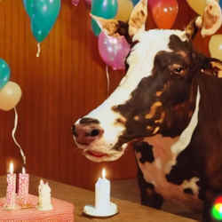 A.I. video generated by Runways software that depicts a cow at a birthday party.