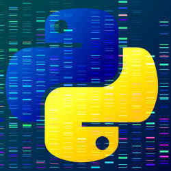 The Python logo over imagery representing DNA sequencing or other data.