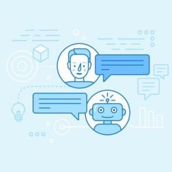 Illustration shows a person's face and robot's face conversing via chat bubbles.