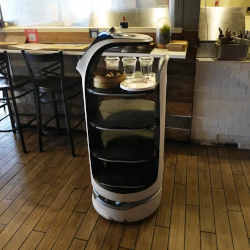 A BellaBot robot delivers food and drinks to a table in the Noodle Topia restaurant in Madison Heights, MI.