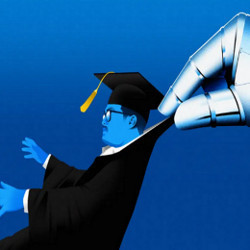 robotic hand picks up a man in graduate cap and gown, illustration