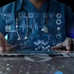 doctor at computer interface surrounded by medical data icons, illustration