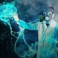 Illustration shows a scientist in a lab coat wearing a gas mask and investigating a virtual human brain.