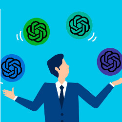 man juggling four balls with ChatGPT icons, illustration