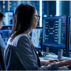 tech worker in front of a computer display