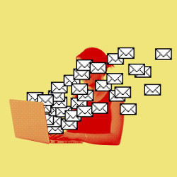 email icons nearly cover a worker at a laptop computer, illustration