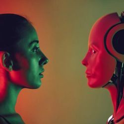 A human and cyborg are shown in profile view looking at each other face to face.