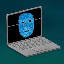 Illustration of a computerized face on a laptop computer screen.