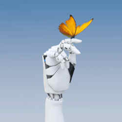 A robot hand holding a butterfly.