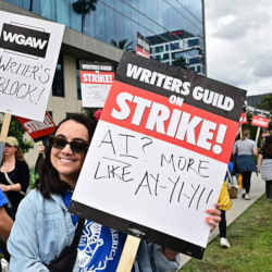 Striking Writers Guild members picketing. 