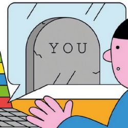 Illustration shows a person working typing on a laptop on a desk near a window, outside of which is a tombstone with the word, "You" etched on it.