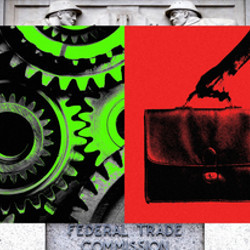 photos of gears and of a person holding a briefcase in front of an FTC bas relief