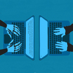 robotic and human hands on facing keyboards, illustration