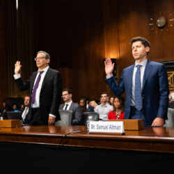 Gary Marcus (left), professor emeritus at New York University, and Sam Altman, chief executive officer and co-founder of OpenAI, being sworn in during a Senate Judiciary Subcommittee hearing in Washington, D.C. on May 16, 2023.