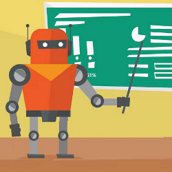 humanoid robot holding a pointer in front of a blackboard, illustration