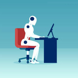 robot sitting at a computer, illustration