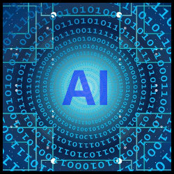 AI initials encircled by binary code, illustration