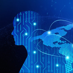 circuit board shaped like a man and a world map, illustration