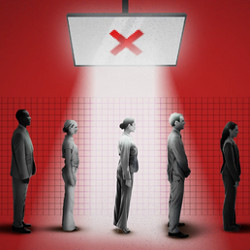 line of job applicants under an x-ray-like scanner, illustration