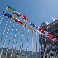 European flags in front of the European Parliament in Strasbourg, France.