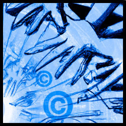 hands reaching toward copyright symbol, illustration