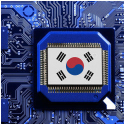 circuit board with a chip marked by the flag of South Korea