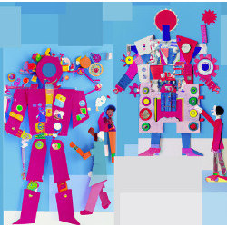 figures constructing robots with various images and shapes, illustration