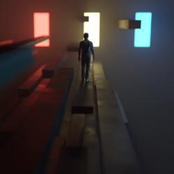 man stands before three blocks of light, illustration