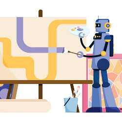 robot painting a canvas on an easel, illustration