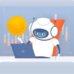 bot investor sitting at a laptop computer, illustration