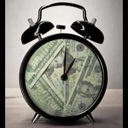 dollars on clock face in time-is-money representation