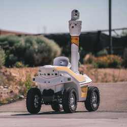 A security robot from Team 1st Technologies on patrol at Santa Fe High School.
