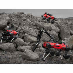The trio of legged robots during a test in a Swiss gravel quarry.