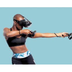 A young woman uses a virtual reality app.