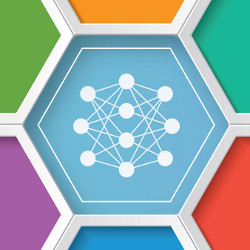 connected dot pattern surrounded by colored hexagons, illustration