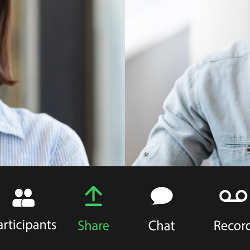 Zoom share and chat icons, and partial view of two meeting participants