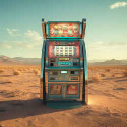 An AI-generated image of a slot machine in a desert.