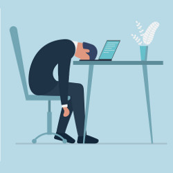 slumping man places his forehead on a laptop computer, illustration 