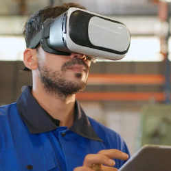 Wearing a virtual reality headset. 