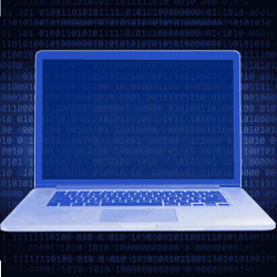 binary code in background and on the display of a laptop computer, illustration