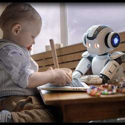 a robot sits next to a child who is manipulating an object