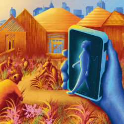 hand holds smartphone in agrarian setting with city skyline in the background, illustration