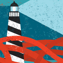 red bands surround a striped lighthouse, illustration