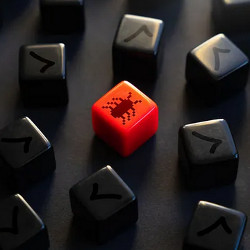 black dice with checkmarks, red die with bug icon, illustration