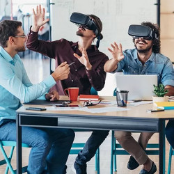 workers wearing VR goggles