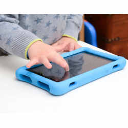 A child using a handheld device. 