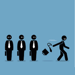 figure tosses briefcase and tie and walks away from other figures, illustration